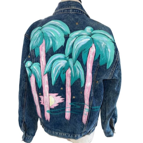 JD Designworks Vintage Womens Jacket Size Large Blue Denim Palm Tree San Diego - Picture 1 of 9
